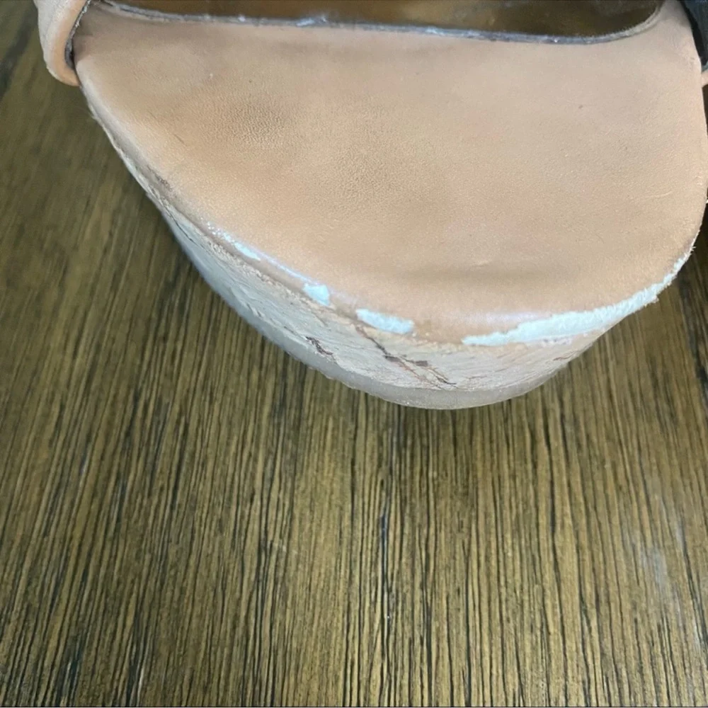 Carlos Santana nude cork cutout leather wedges
